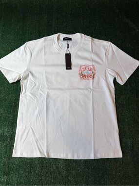 White Short Sleeve T-Shirt with Red & Green Chest Graphic